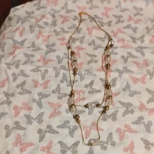 ✨ Layered Gold Tone Necklace with Copper & Clear Beads ✨